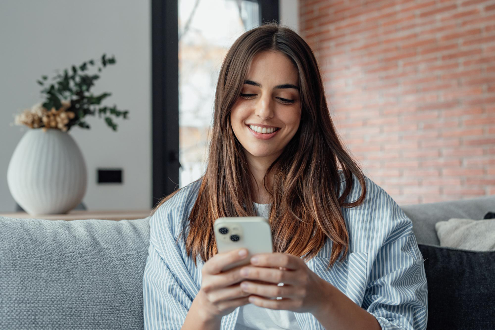 Smiling woman using smartphone with Roamvy eSIM, learning what an eSIM is and how it works