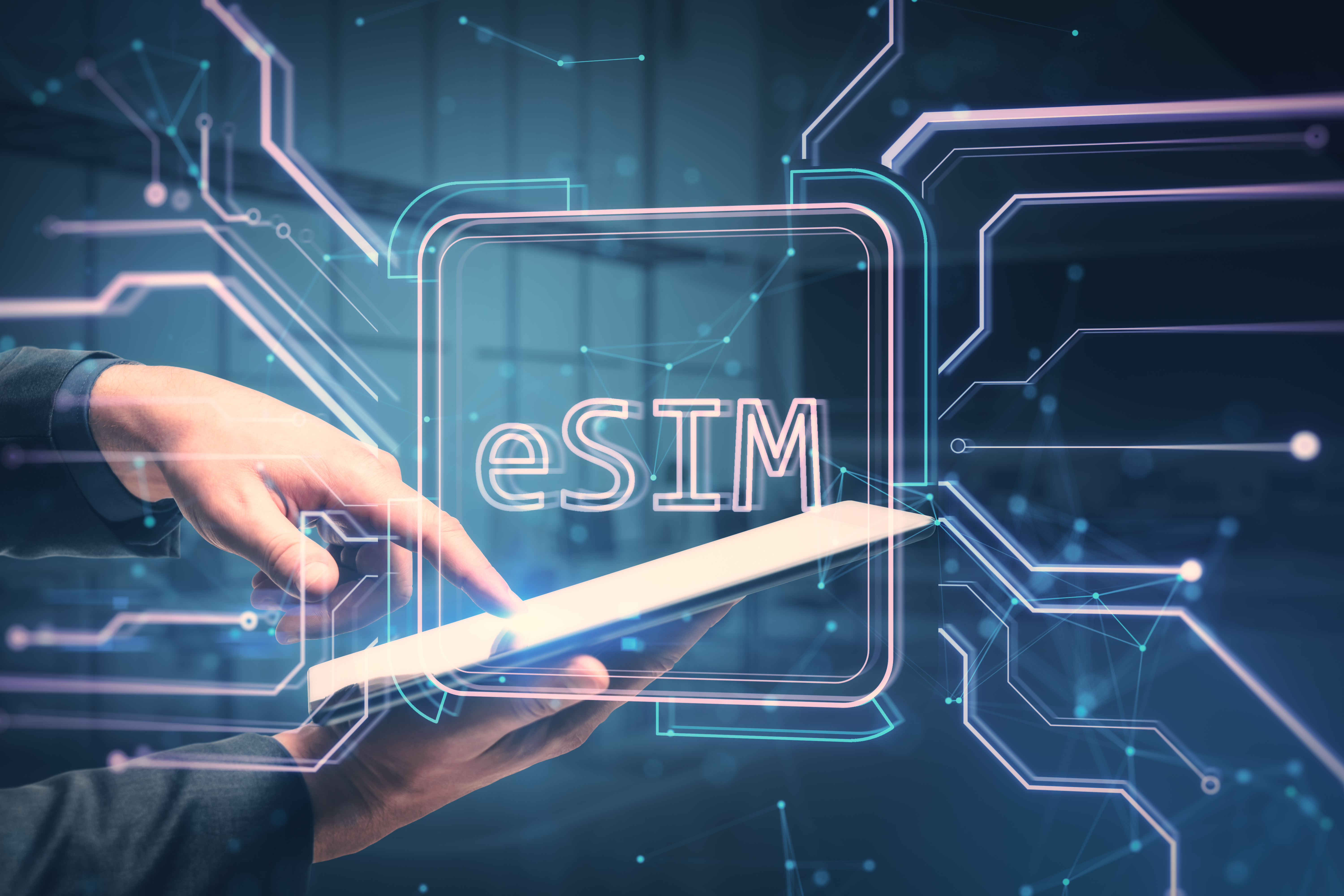 Digital illustration of eSIM technology showing tablet and virtual SIM concept 