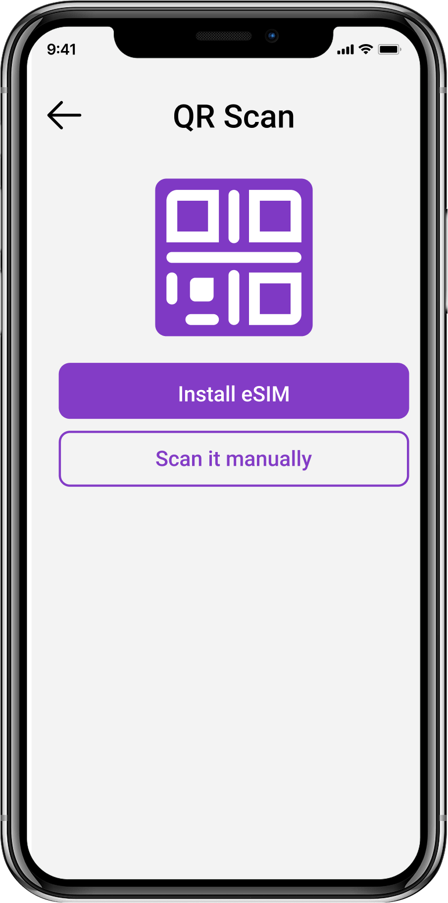 Roamvy app showing QR scan to activate and install eSIM instantly